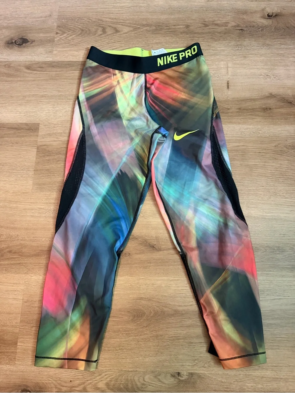 Nike Pro Girls' Multicolor Marble-Print Leggings with Neon Yellow Accents